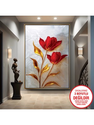 Emya Home Gold Metal Çerçeveli Kabartma Görünümlü Kırmızı Lale Kanvas Tablo