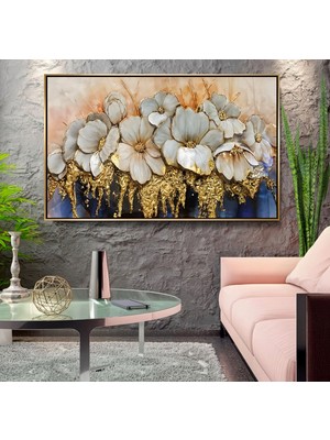 Emya Home Gold Metal Çerçeveli Kabartma Görünümlü Çiçekler Kanvas Tablo