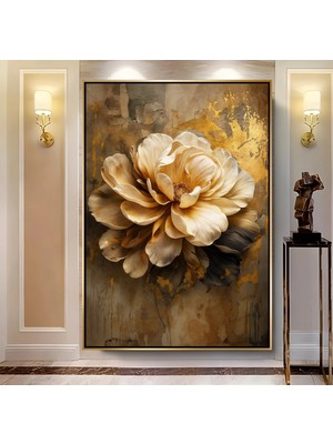 Emya Home Gold Metal Çerçeveli Kabartma Görünümlü Dekoratif Çiçek Kanvas Tablo