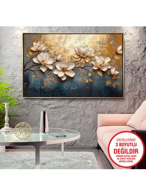 Emya Home Gold Metal Çerçeveli Kabartma Görünümlü Çiçekler Kanvas Tablo