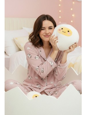 Siyah İnci Pudra Yumurta Desenli Uzun Kollu Düğmeli Biyeli Pijama Takım 7926