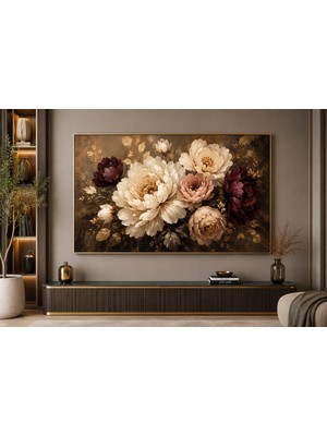 Emya Home Gold Metal Çerçeveli Kabartma Görünümlü Çiçekler Kanvas Tablo