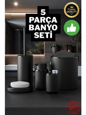 Techora Sale 5 Parça Siyah Çizgili Yuvarlak 5'li Eco Banyo Seti Çöp Kovası Tuvalet Fırçası Sabunluk Diş