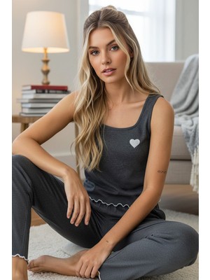 Siyah İnci Antrasit Kalp Nakışlı Kalın Askılı Örme Pijama TAKIM7884