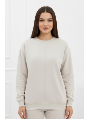 Obje Kadın Taş Rengi 3 Iplik Şardonlu Oversize Sweat
