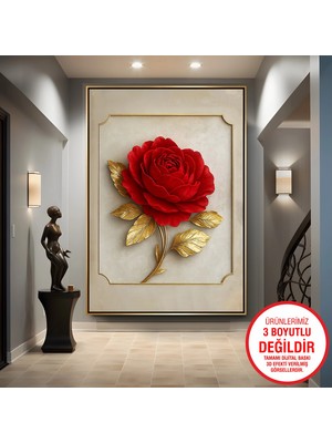 Emya Home Gold Metal Çerçeveli Kabartma Görünümlü Kırmızı Gül Kanvas Tablo