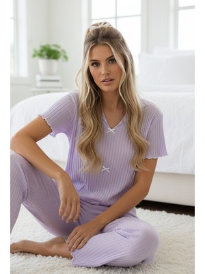 Siyah İnci Lila Mevsimlik Ince Fiyonklu Pijama TAKIM7879
