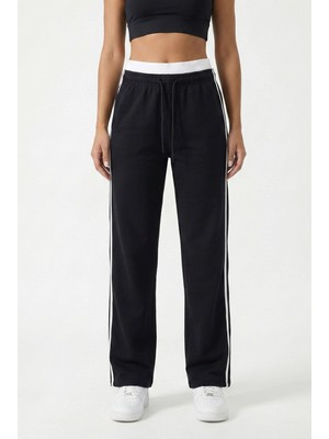 Obje Kadın Siyah Şardonsuz 3 Iplik Şerit Detay Basic Sweatpant