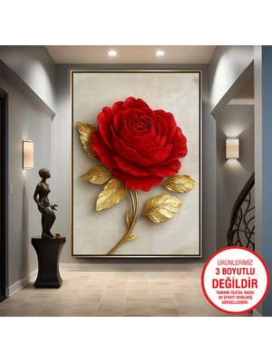 Emya Home Gold Metal Çerçeveli Kabartma Görünümlü Kırmızı Gül Kanvas Tablo