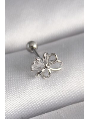 Nacario Mey Ithalat® 316L Çelik Gümüş Renk Zirkon Taş Detay Kurdele Model Tragus Piercing