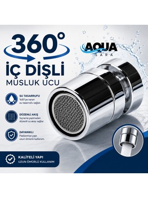 Aqua Sara 360 Derece Dönebilen Musluk Ucu Iç Dişli Perlatör Mutfak Batarya Aparatı Banyo Musluk Başlığı Paslanmaz Çelik