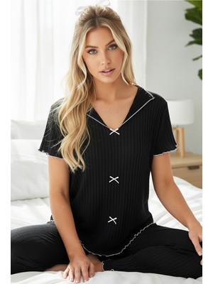 Siyah İnci Siyah Mevsimlik Ince Fiyonklu Pijama TAKIM7879