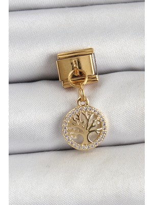 Nacario Mey Ithalat® 316L Çelik Sallantılı Zirkon Taşlı Hayat Ağacı Model Gold Renk Nomination Charm