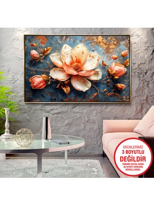 Emya Home Gold Metal Çerçeveli Kabartma Görünümlü Çiçekler Kanvas Tablo
