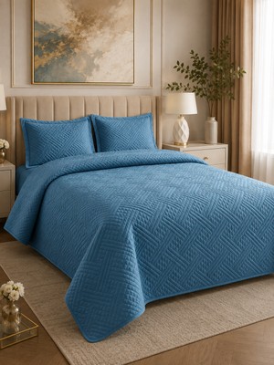 Kapreo Home Çift Kişilik Washed Yatak Örtüsü Seti 260X240 cm – Yumuşak Dokulu, Kapitoneli, Modern Geometrik Desenli Turkuaz