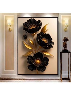 Emya Home Siyah Metal Çerçeveli Kabartma Görünümlü Siyah Çiçek Kanvas Tablo