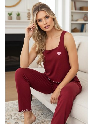 Siyah İnci Bordo Kalp Nakışlı Kalın Askılı Örme Pijama TAKIM7884
