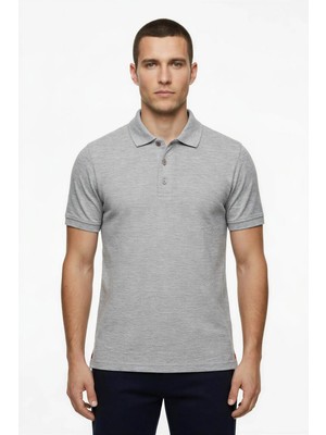 Posh Cabal Erkek Slim Fit Logosuz-Baskısız Gri Melanj Polo Yaka T-Shirt
