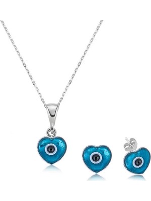 Aesco 925 Ayar Gümüş Kalpli Nazar Set
