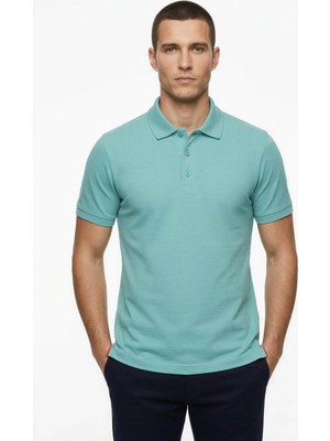 Posh Cabal Erkek Slim Fit Logosuz-Baskısız Su Yeşili Polo Yaka T-Shirt