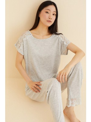 Siyah İnci Gri Dantel Detaylı Soft Touch Ince Örme Pijama Takım