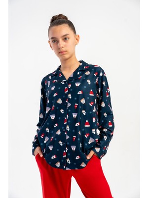 Obje Kız Çocuk Indigo Marla Gömlek Yaka Düğmeli Uzun Kol Pijama Üstü