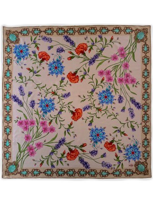 Mebs Mücevher Çerçeveli Krem Flora Twill Ipek Eşarp