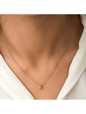 Aesco 925 Ayar Gümüş Rose 3 Boyutlu R Harf Kadın Gümüş Kolye