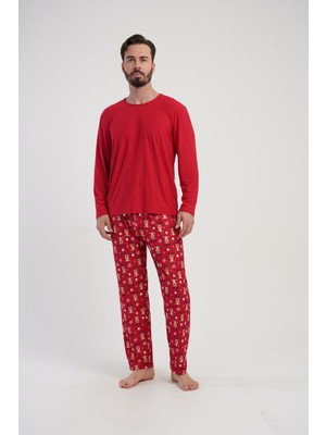 Obje Erkek Kırmızı Geyik Desen Cepli Uzun Pijama Altı