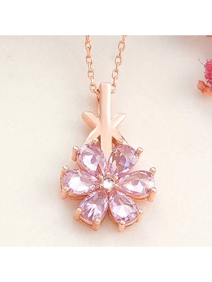Aesco 925 Ayar Gümüş Rose Pembe Sevgi Çiçeği Kadın Kolye