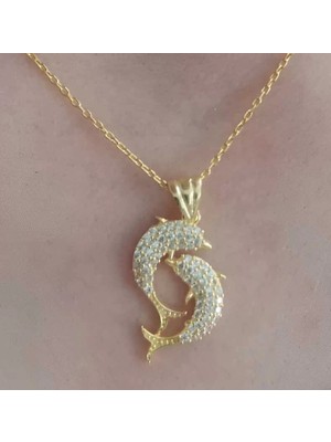 Aesco Gümüş Gold Çift Yunus Balığı Kadın Kolye
