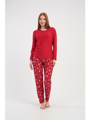 Obje Kadın Kırmızı Geyik Desenli Uzun Pijama Altı