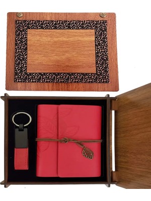 Aesco Ahşap Kutulu Kırmızı Deri Defter ve Anahtarlık Set