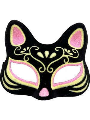 Aesco Siyah Renk Süet Kaplama Üzeri Pembe Sarı Simli Kedi Maskesi 17X14 cm