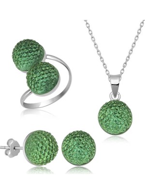 Aesco 925 Ayar Gümüş Yeşil Kristal Kadın Set