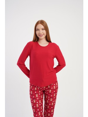 Obje Kadın Kırmızı Marla Uzun Kol Pijama Üstü