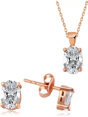Aesco 925 Ayar Gümüş Rose Oval Taş Ikili Set