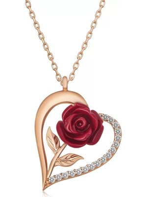 Aesco ​gümüş Rose Kalpli Kırmızı Gül Kadın Kolye