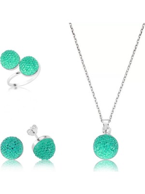 Aesco 925 Ayar Gümüş Yeşil Kristal Taşlı Set