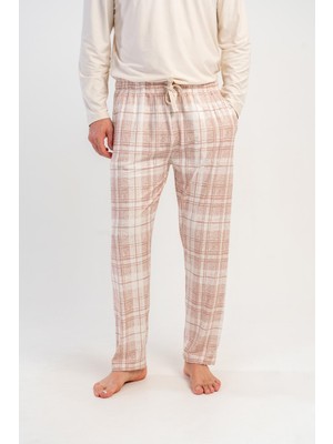 Obje Erkek Bej Cepli Battal Uzun Pijama Altı
