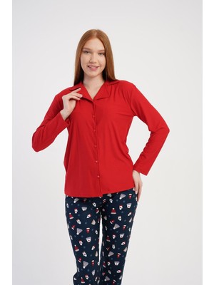 Obje Kadın Kırmızı Marla Gömlek Yaka Düğmeli Uzun Kol Pijama Üstü