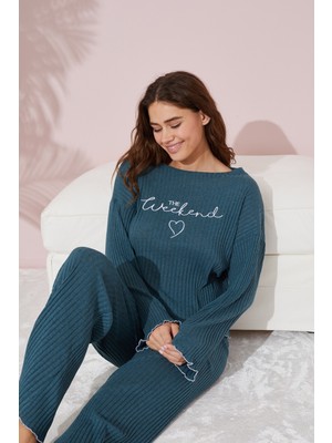 Siyah İnci Petrol Yeşili Mevsimlik Ince Pamuklu Nakışlı Pijama Takım