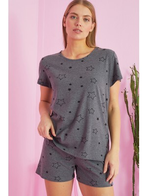 Siyah İnci Antrasit Yıldız Desenli Pamuklu Şort-Pijama Takım