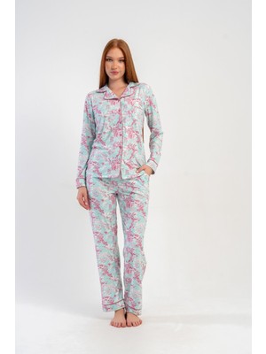 Obje Kadın Mavi Marla Düğmeli Pijama Üstü
