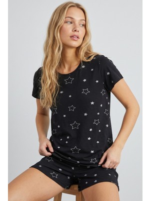 Siyah İnci Siyah Yıldız Desenli Pamuklu Şort-Pijama Takım