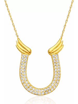 Aesco Gümüş Gold Zirkon Taşlı Nal Kadın Kolye