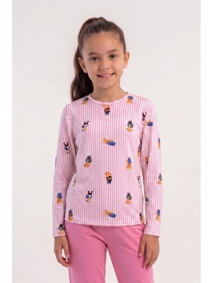 Obje Kız Çocuk Pembe Ayıcık Desen Likra Polyvıscon O Yaka Uzun Kol Pijama Üstü