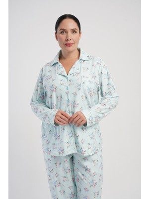 Obje Kadın Mavi Marla Gömlek Yaka Düğmeli Battal Pijama Üstü