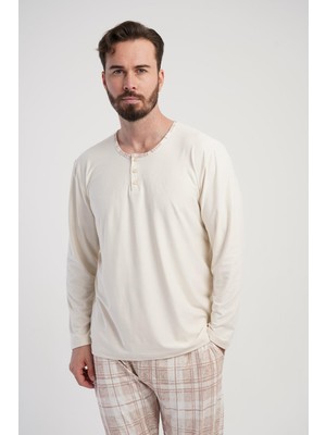 Obje Erkek Bej Patlı Uzun Kol Battal Pijama Üstü