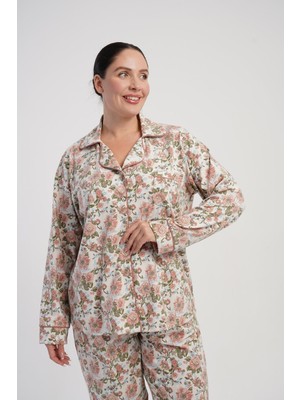 Obje Kadın Pembe Çiçek Desenli Likra Polyvıscon Gömlek Yaka Düğmeli Uzun Kol Pijama Üstü